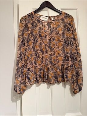 Xhilaration Semi-Sheer Floral Peasant Blouse with blue & yellow Accents